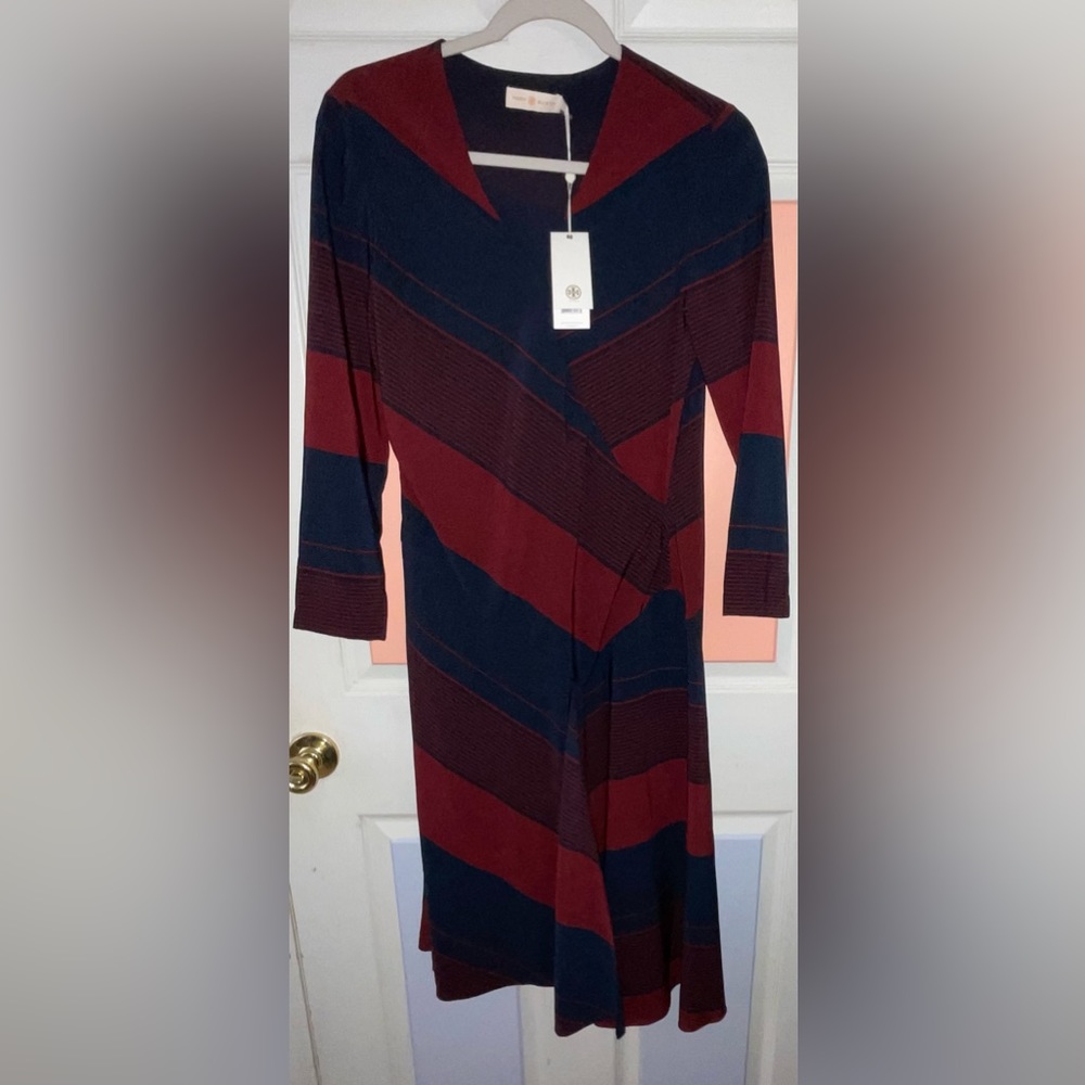 Tory Burch Asymmetrical Dress RN11395/CA57014 Navy /Wine Retail $550.00 NWT Sz 2